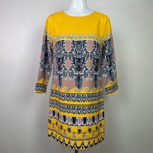 J. Crew Dress 0 Yellow Navy Blue 3/4 Sleeve Gallery Printed Shift Women's